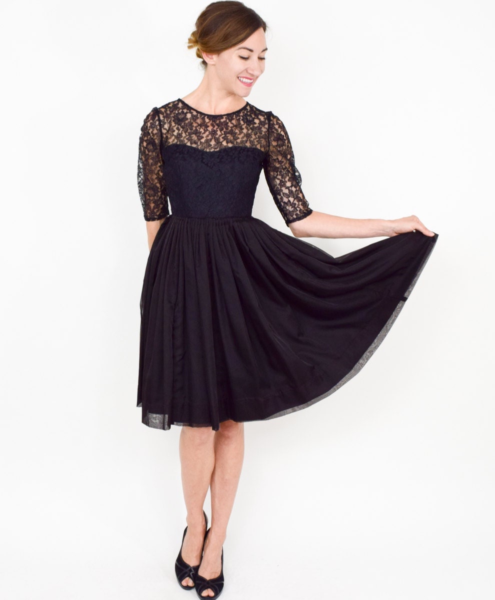 1950s Black Lace Party Dress | 50s Black Organza Cocktail Dress | Extra Small