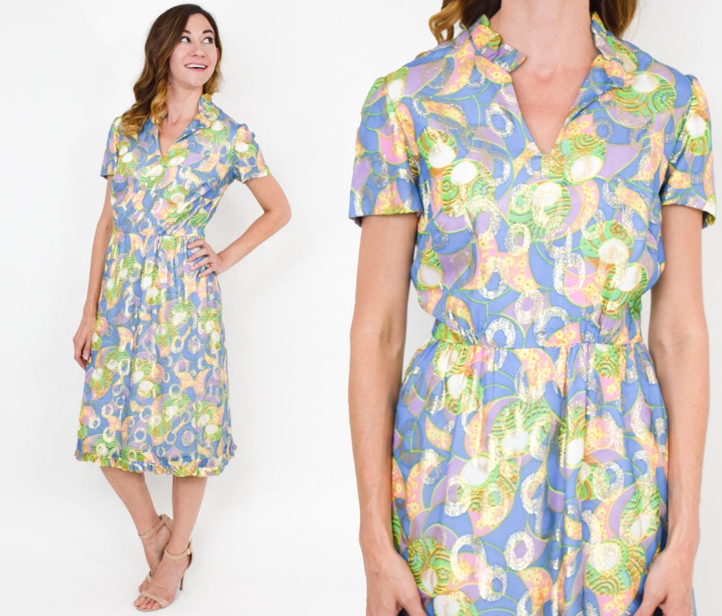 1960s Blue Floral Metallic Party Dress | 60s Blue Gold Metallic Lamé Dress | Jackie O | Medium