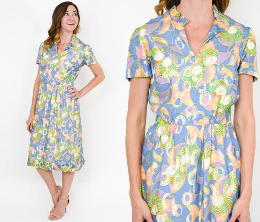 1960s Blue Floral Metallic Party Dress | 60s Blue Gold Metallic Lamé Dress | Jackie O | Medium