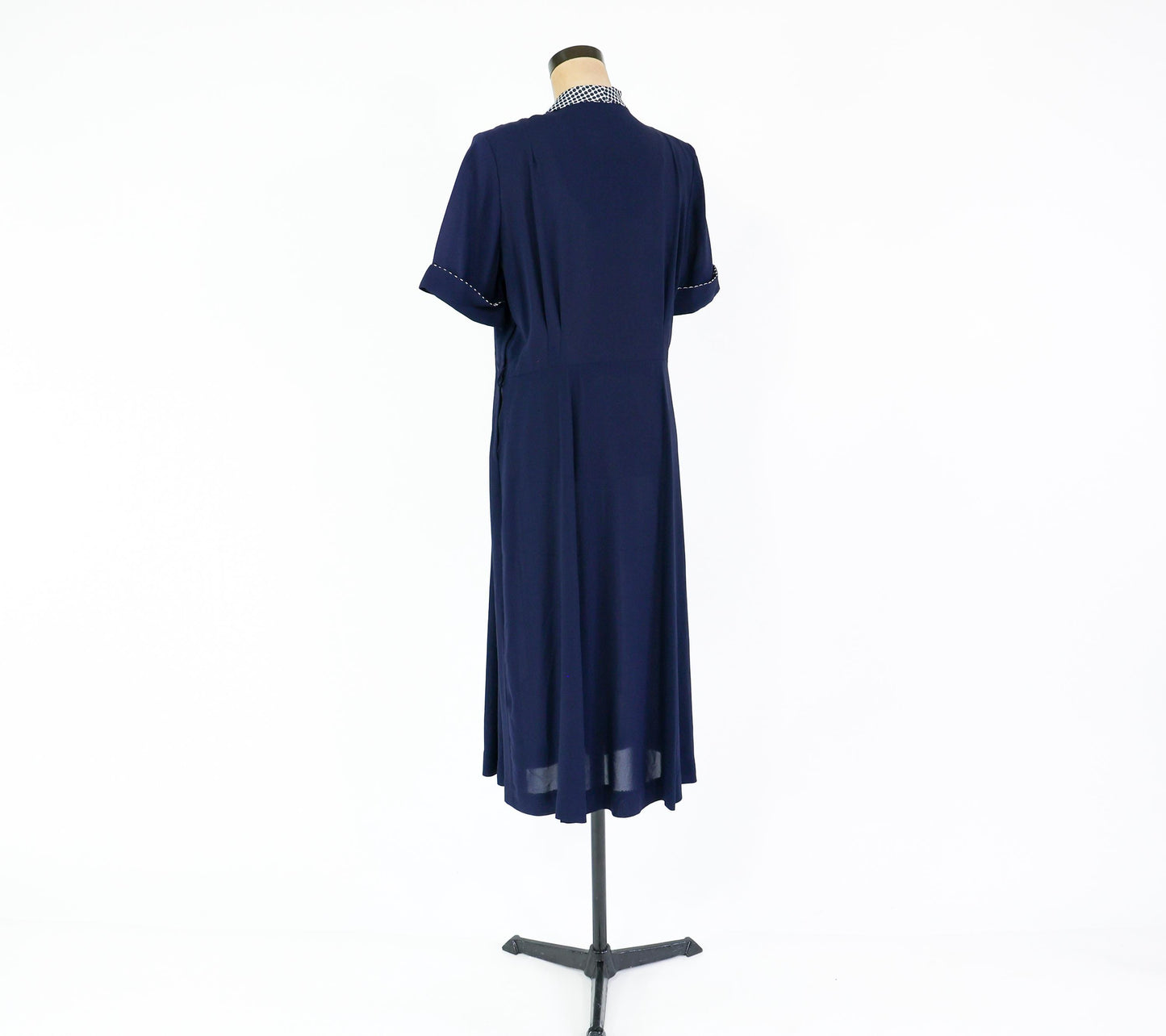 1940s Navy Rayon Crepe Dress with Polka Dot Collar, 36" Waist