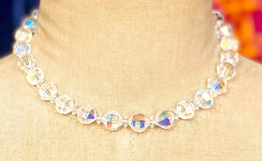 1950s Aurora Borealis Crystal Necklace & Earrings Set, Iridescent Jewelry