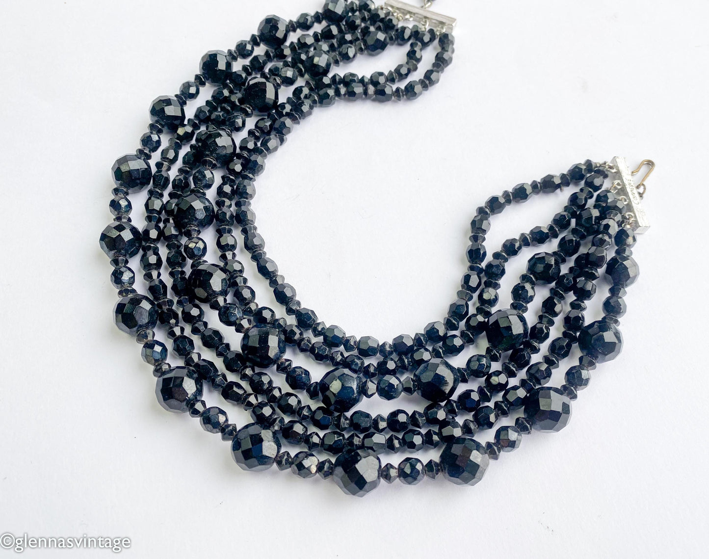 1950s Carnegie Black Crystal Beaded Necklace | 6-Strand Evening Jewelry