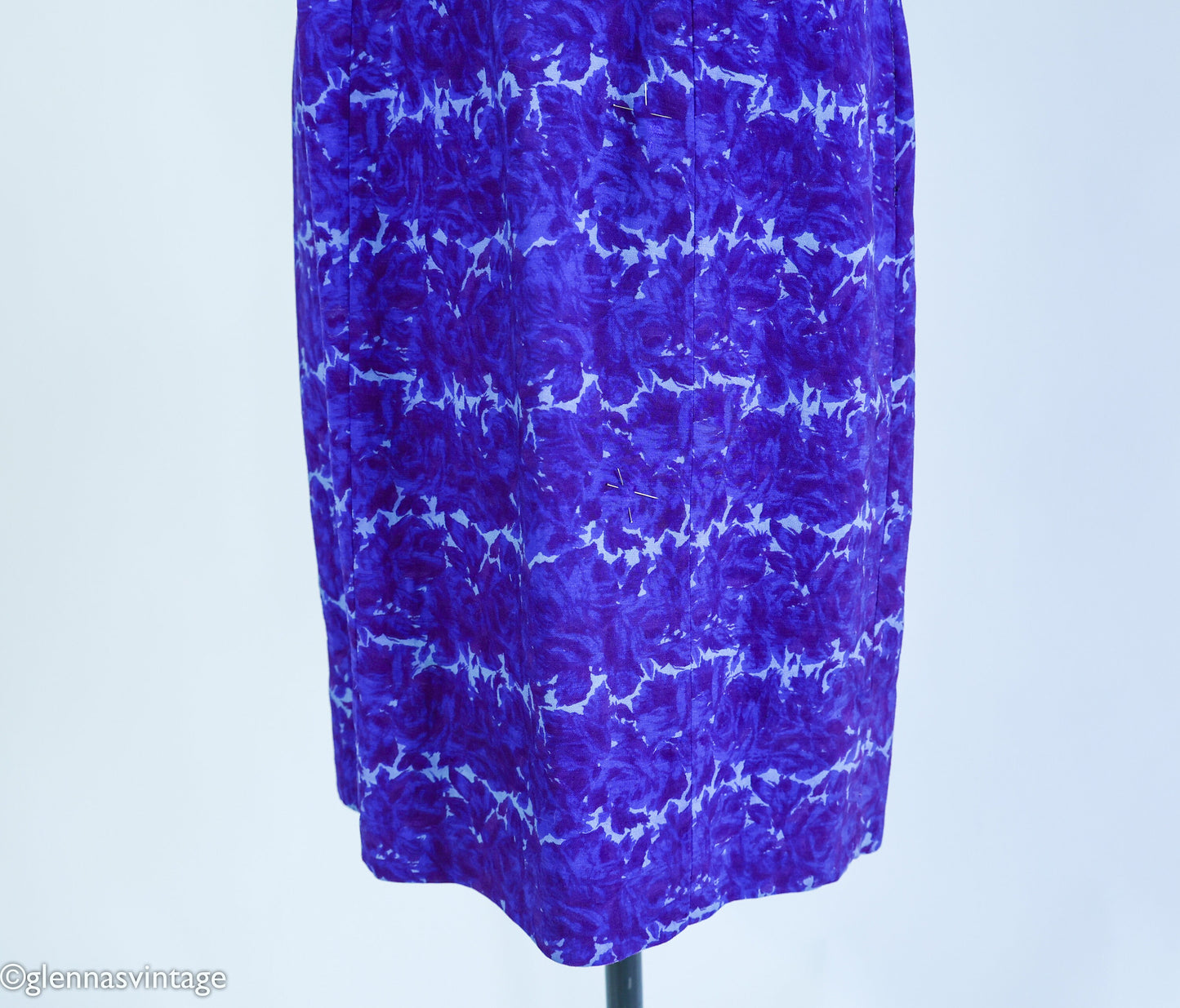 1950s Purple & Blue Print Wiggle Dress, Small