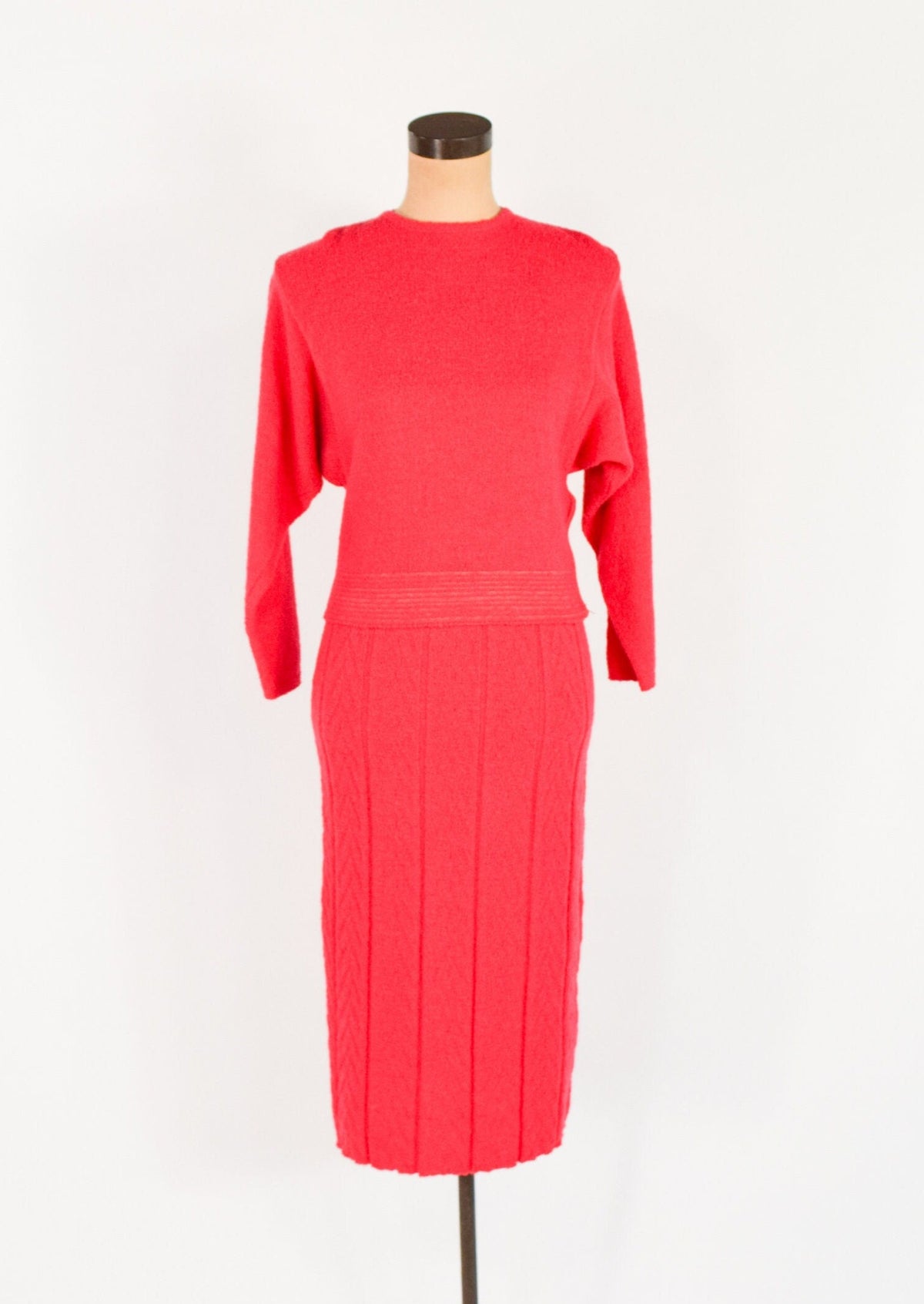 1940s Red Wool Sweater Set | 40s Woven Knit Sweater & Skirt  | KIMS | Medium