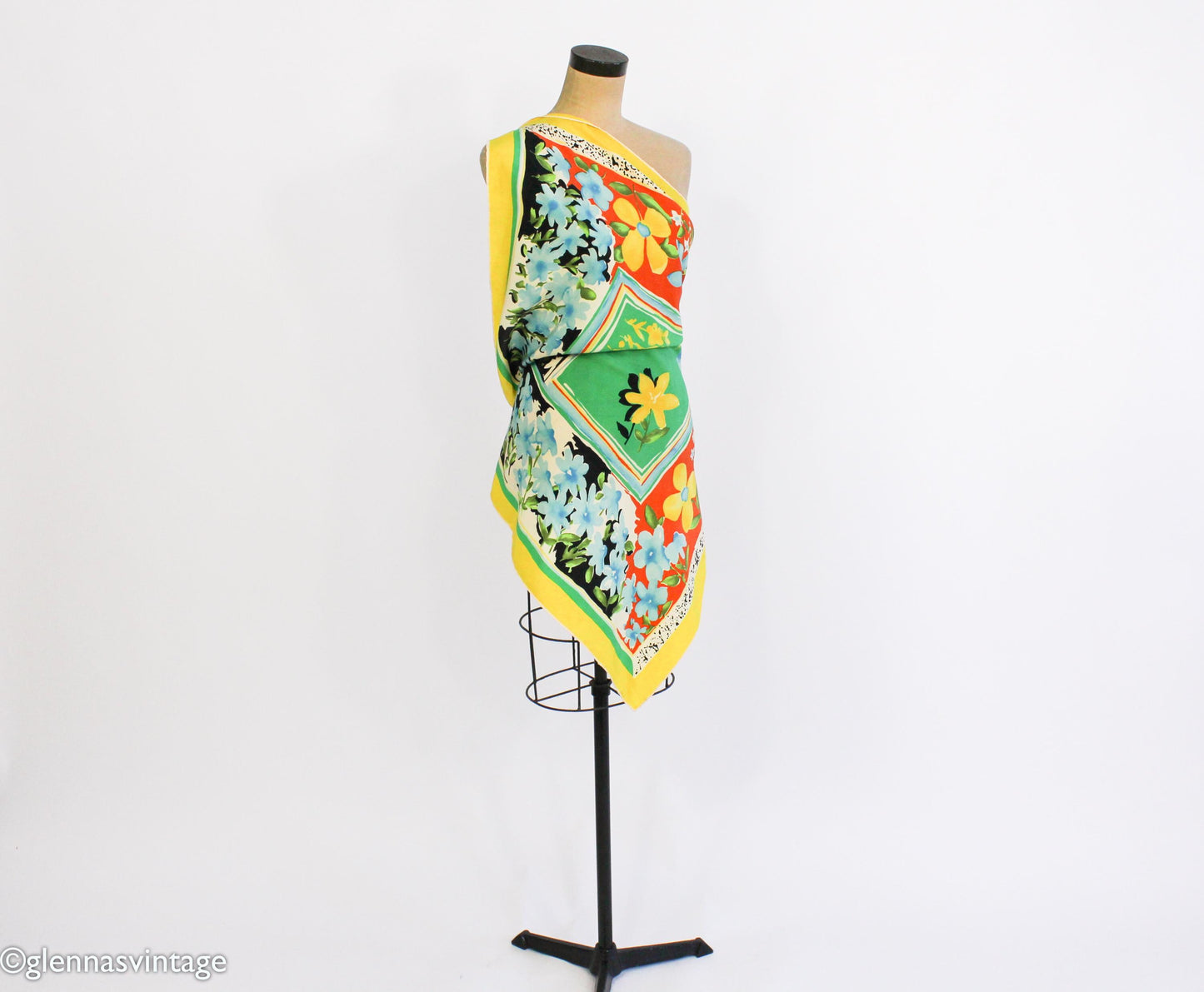 1980s Floral Silk Scarf | Green, Yellow, & Orange | Piramit