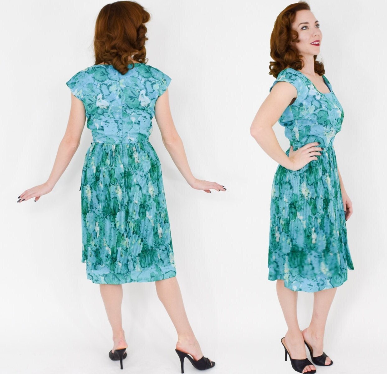 1950s Turquoise Blue Silk Dress, Medium