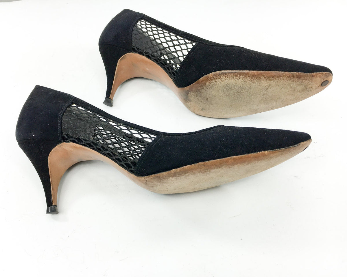 1960s Mr Easton Black Suede Heels Lattice Leather Pumps US 8.5