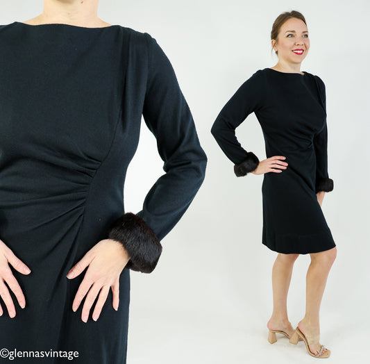1960s Black Wool Fur Cuff Dress | 60s Black Wool Knit Cocktail Dress | Medium