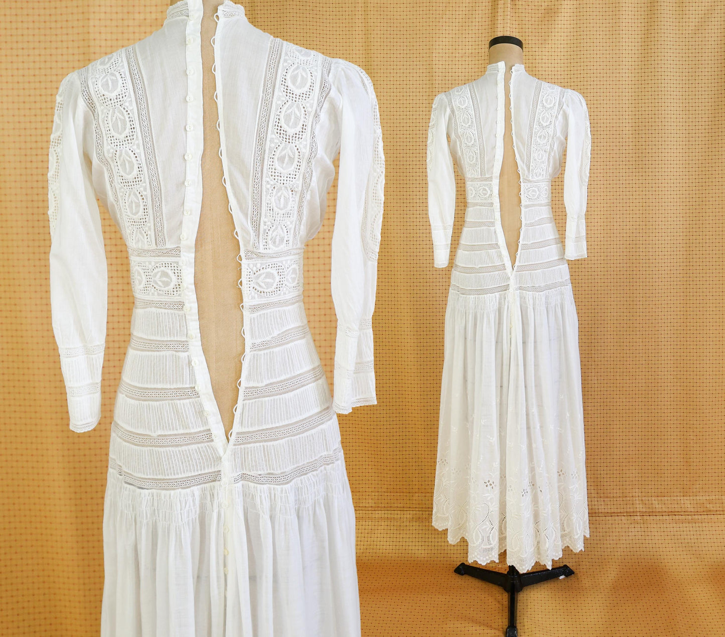 1880s Edwardian Lace Cotton Gown, Antique Walking Dress, Small