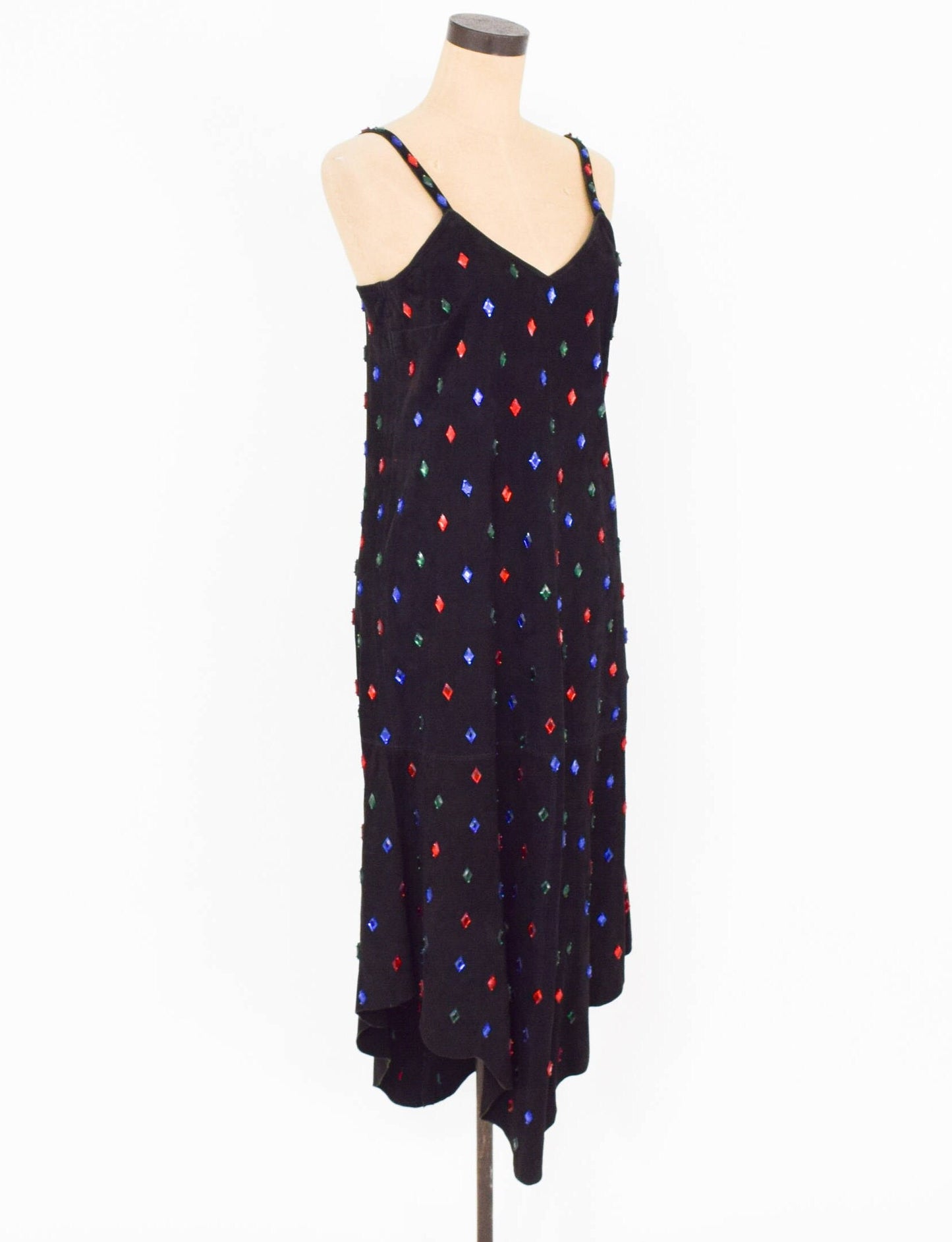 1980s Beaded Black Suede Leather Slip Dress, Medium