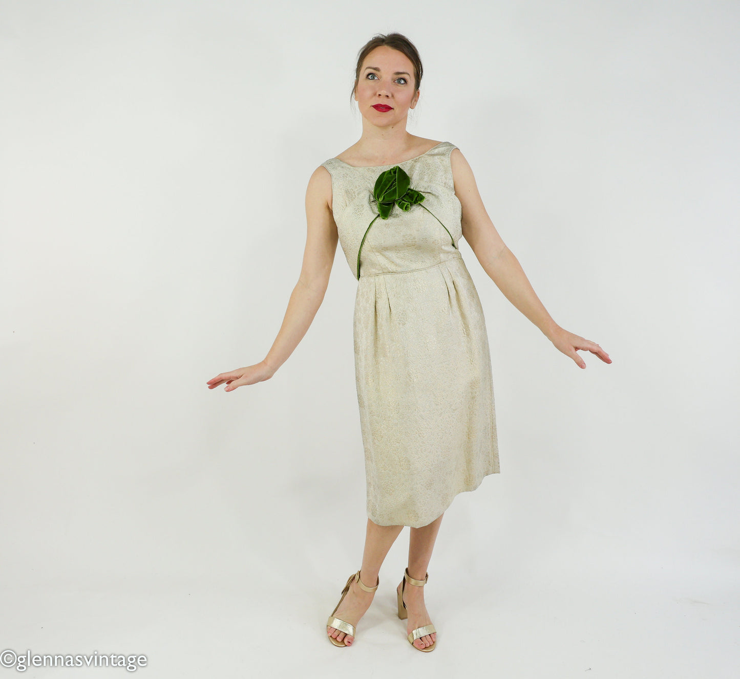 1950s Vintage Brocade Cocktail Dress with Green Velvet Rhinestone Shawl | Medium