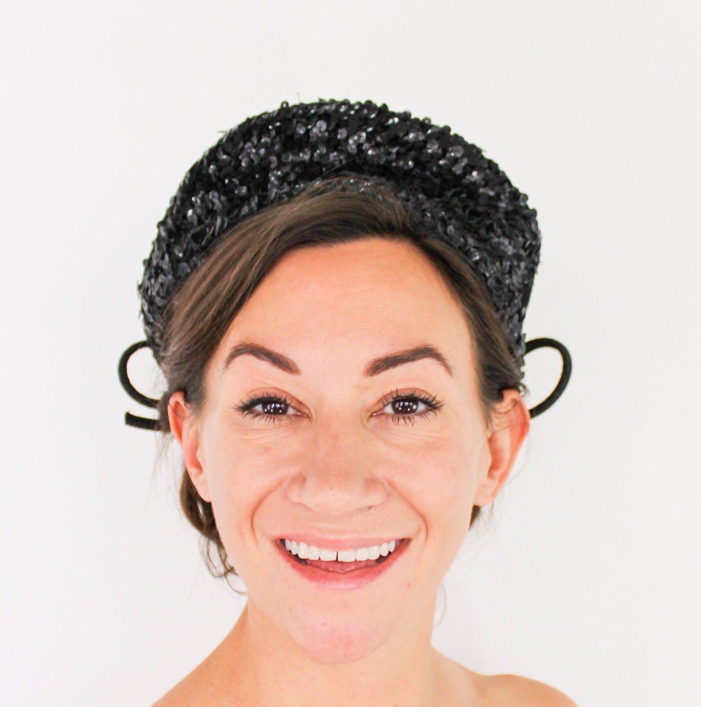 1940s Black Sequin Hat, Black Wool Felt Fascinator