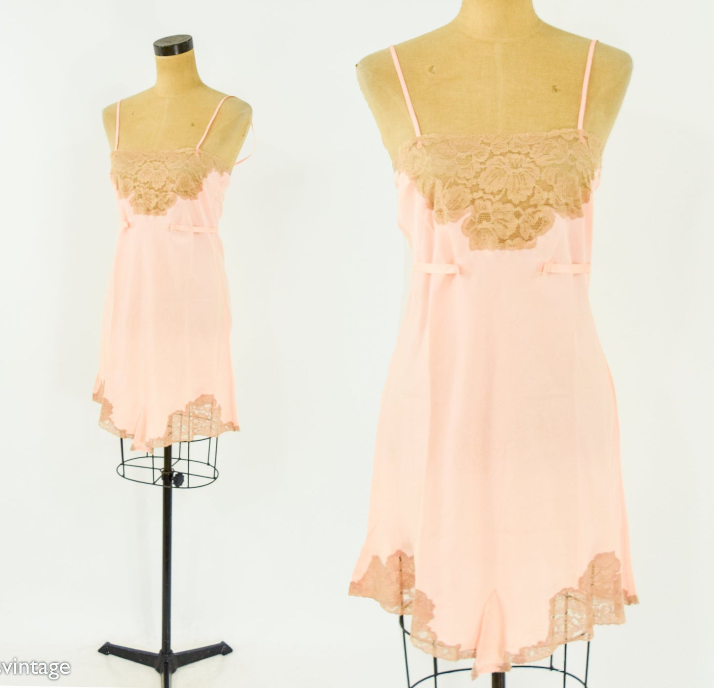 1920s Peach Silk Slip Lingerie | 20s Pink & Beige Lace Slip | Peach Romper | Small