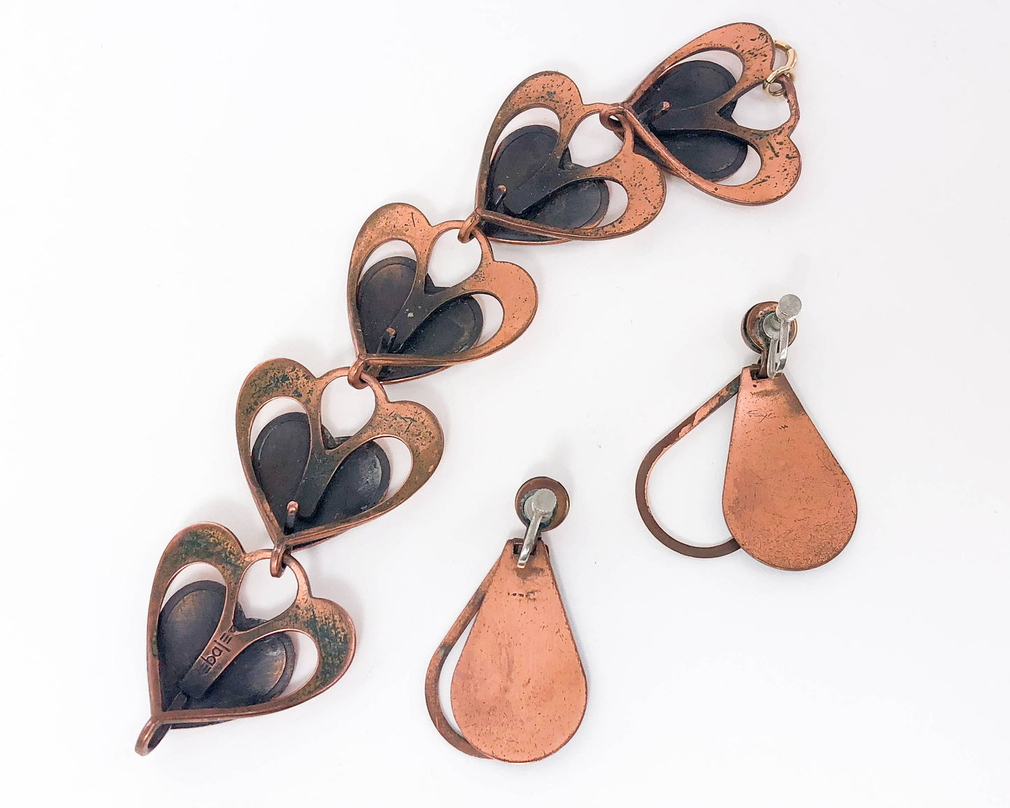 1940s Rebajes Copper Heart Bracelet & Earrings Jewelry Set