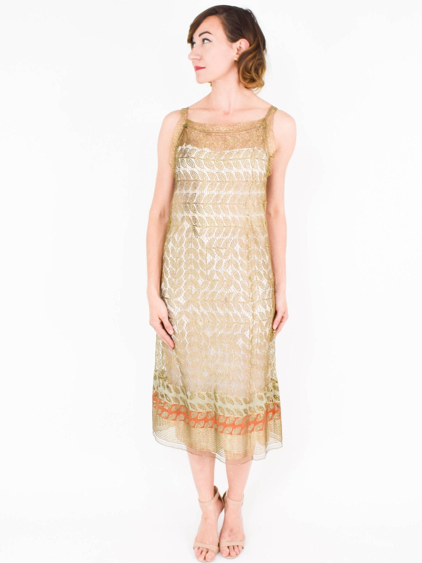 1920s Gold Lace Evening Dress, Gold Metallic Sheath Dress, Medium