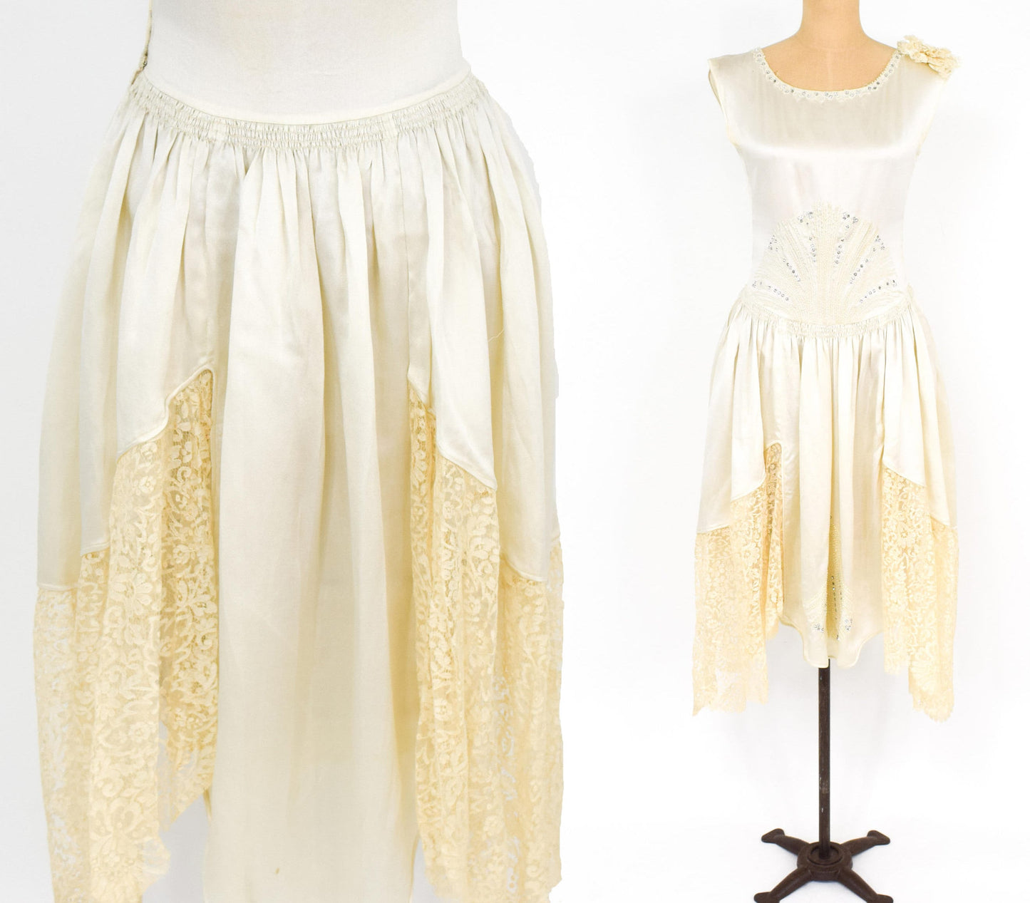 1930s Creme Silk Wedding Dress | 30s White Silk Rhinestone Evening Dress | Small