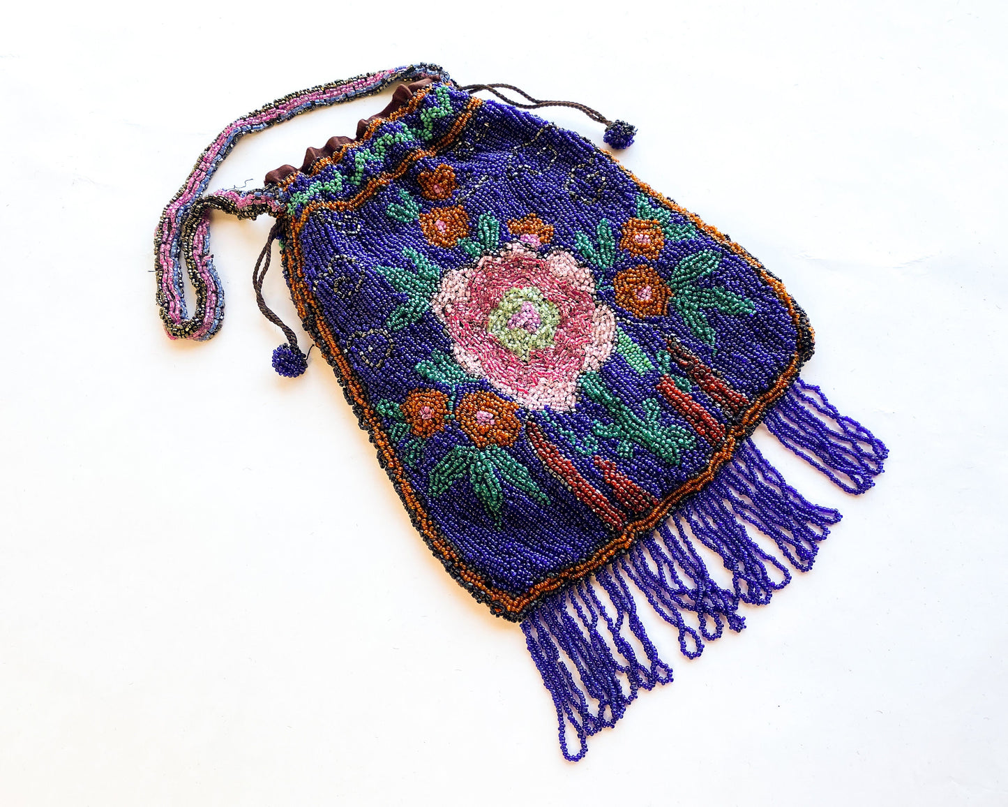 1900s Blue Floral Beaded Evening Bag | Blue & Pink Flower Beaded Handbag | Gustus Katz