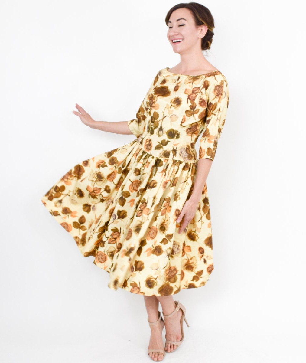 1950s Yellow Rose Floral Print Party Dress, Small