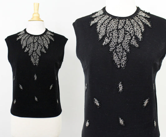 1960s Black Sleeveless Beaded Wool Sweater, Medium