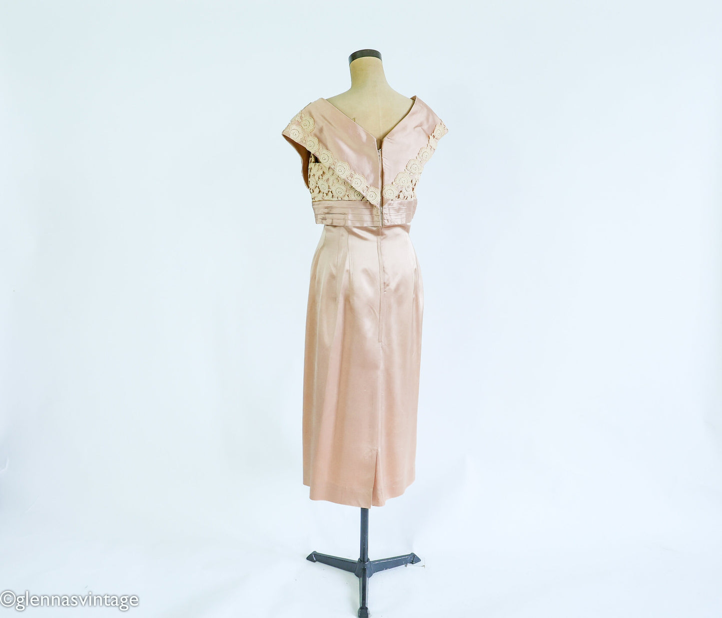 1950s Taupe Champagne Satin Cocktail Dress, Medium