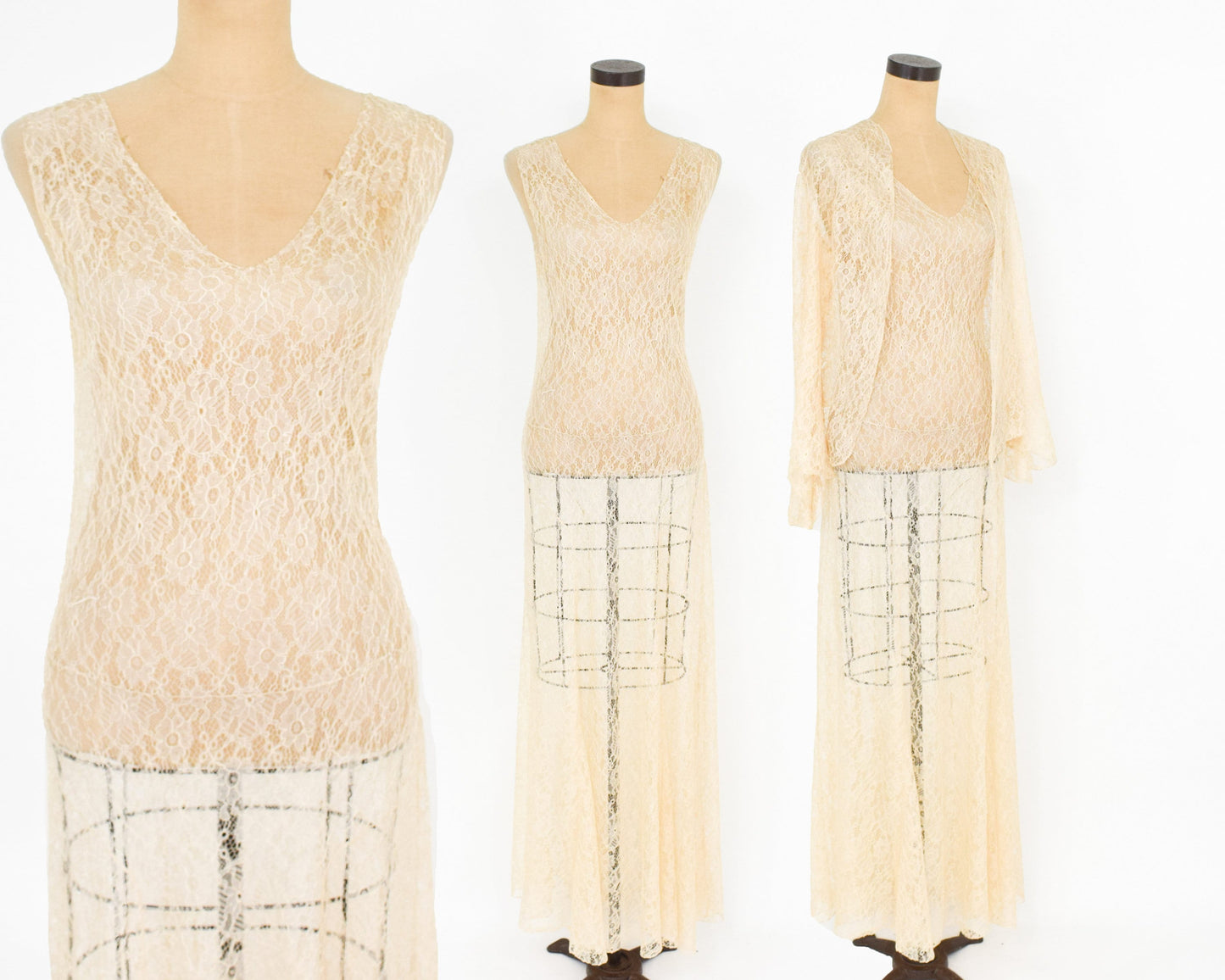 1930s Ivory French Lace Evening Gown & Jacket, Vintage Wedding Dress,  Extra Small
