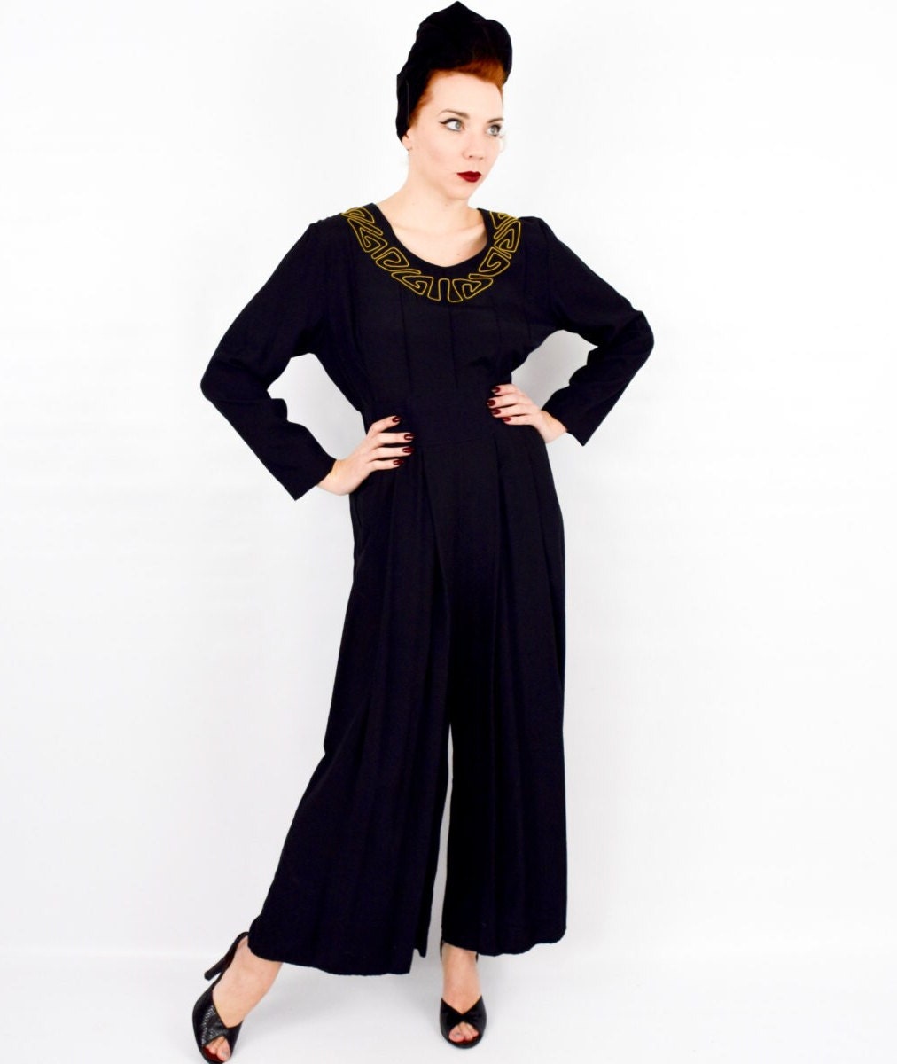 1990s Black Rayon Jumpsuit, Medium
