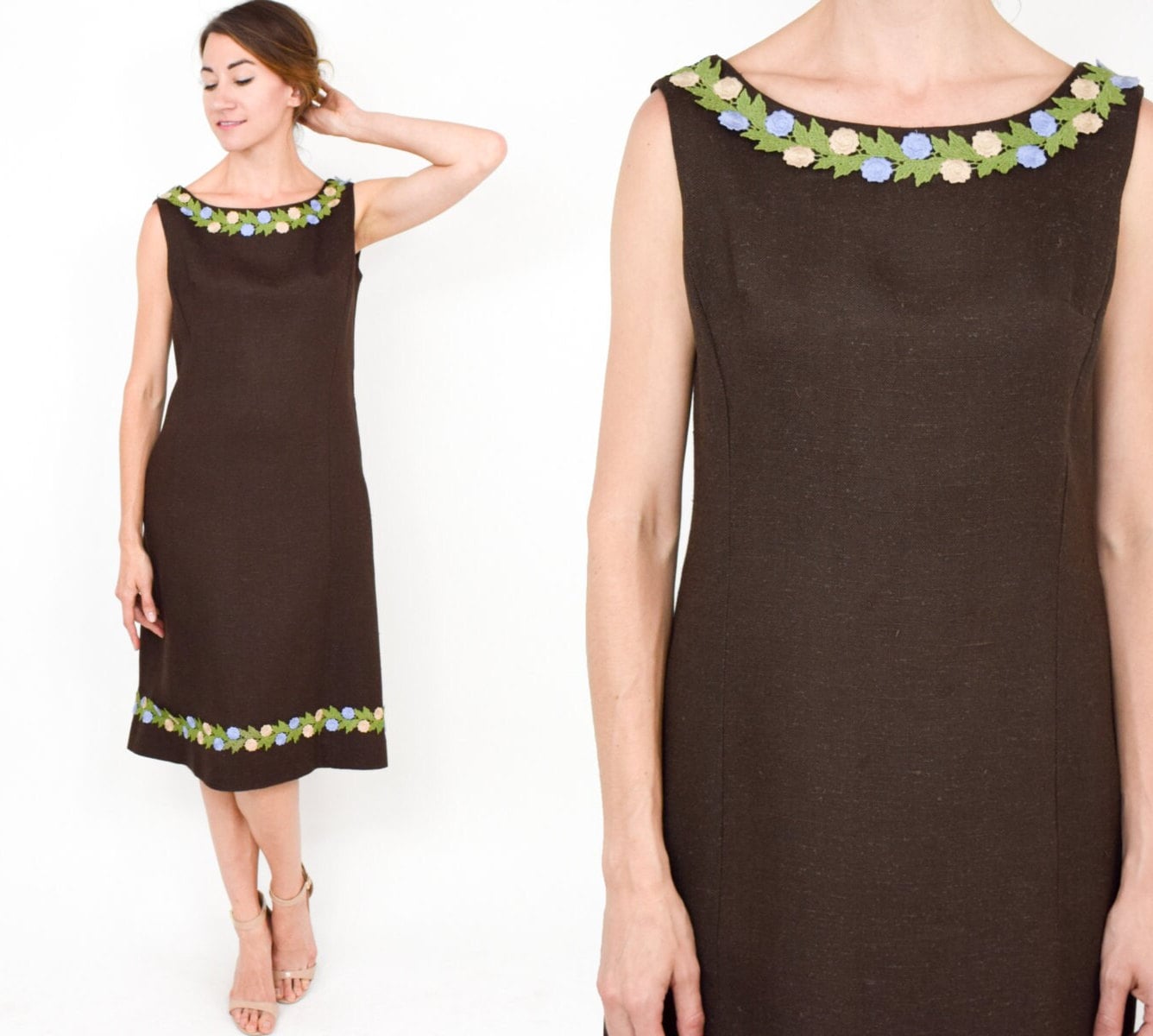 1950s Brown Linen Shift Dress with Floral Appliqué, Medium