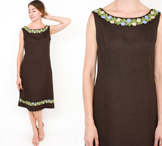 1950s Brown Linen Shift Dress with Floral Appliqué, Medium
