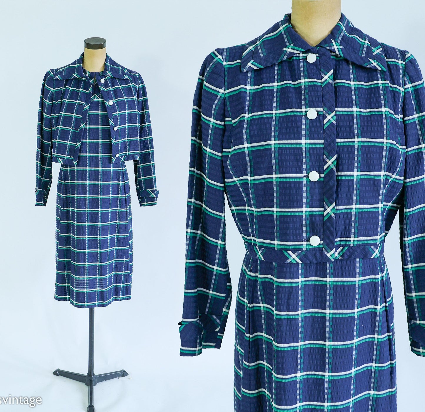 1960s Blue Plaid Dress & Jacket | Navy Seersucker Set, Large