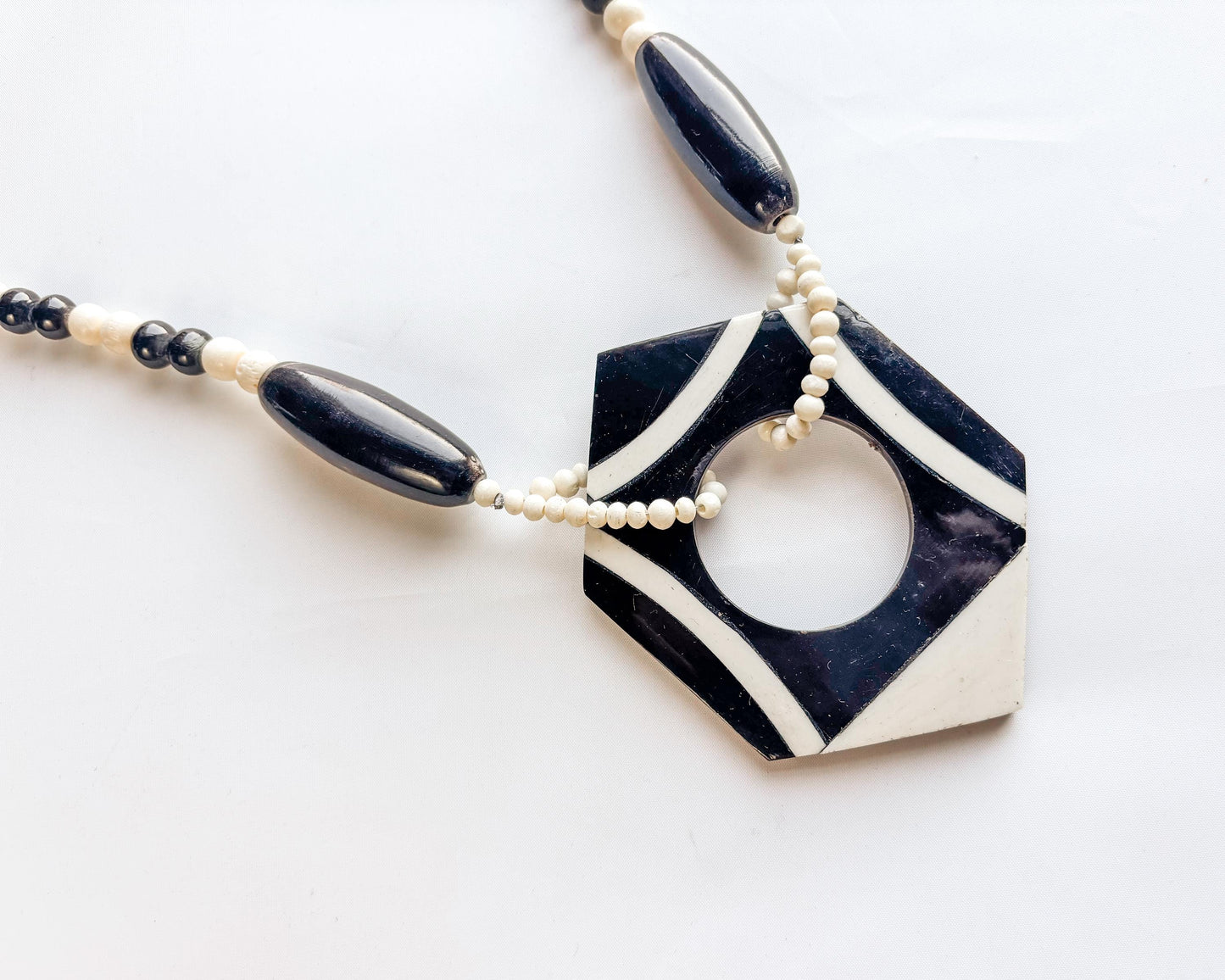 1970s Op Art Necklace | Black & White Wood Bead Plastic Pendant