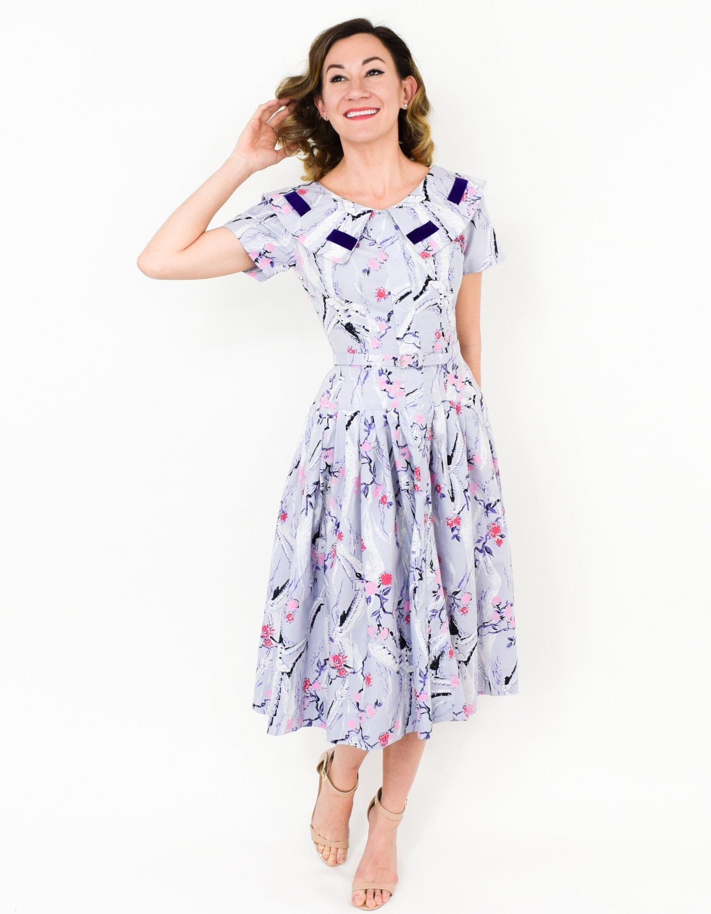 1950s Lavender Purple Novelty Print Cotton Dress, Small