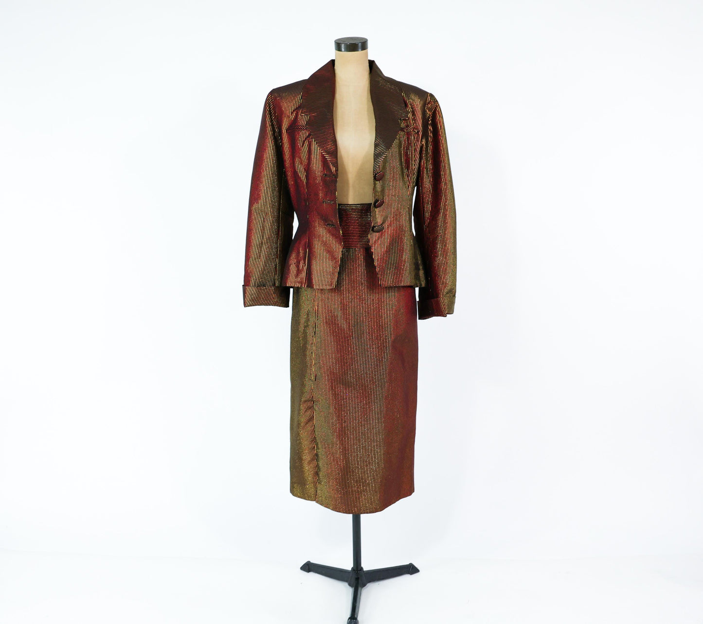 1980s Black Gold Pinstripe Jacket & Skirt, Large