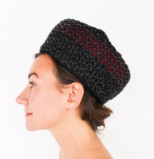 1960s Black Raffia Bubble Hat | Vintage Mod Style