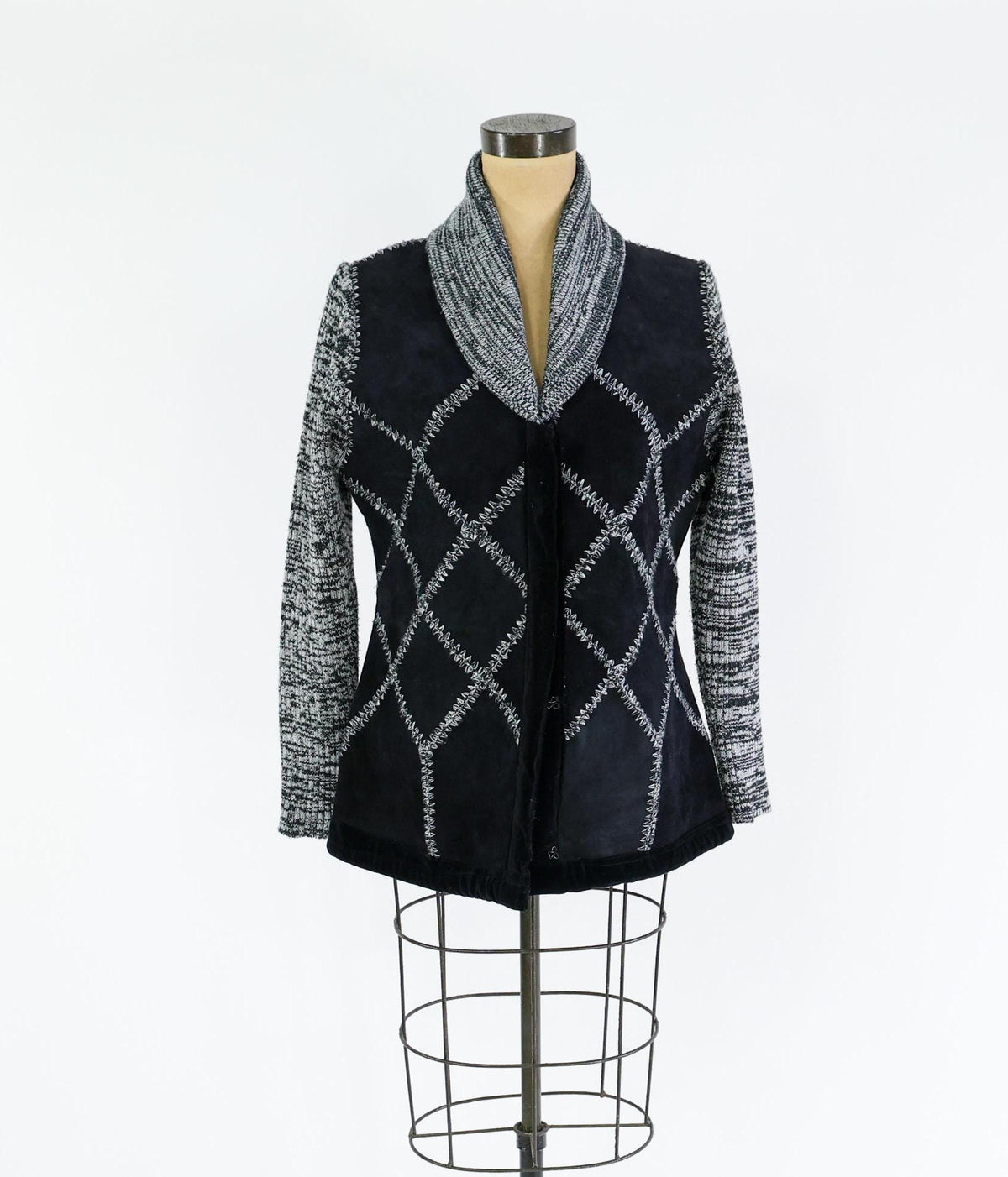 1970s Black Suede Patchwork Knit Jacket with Shawl Collar, Large