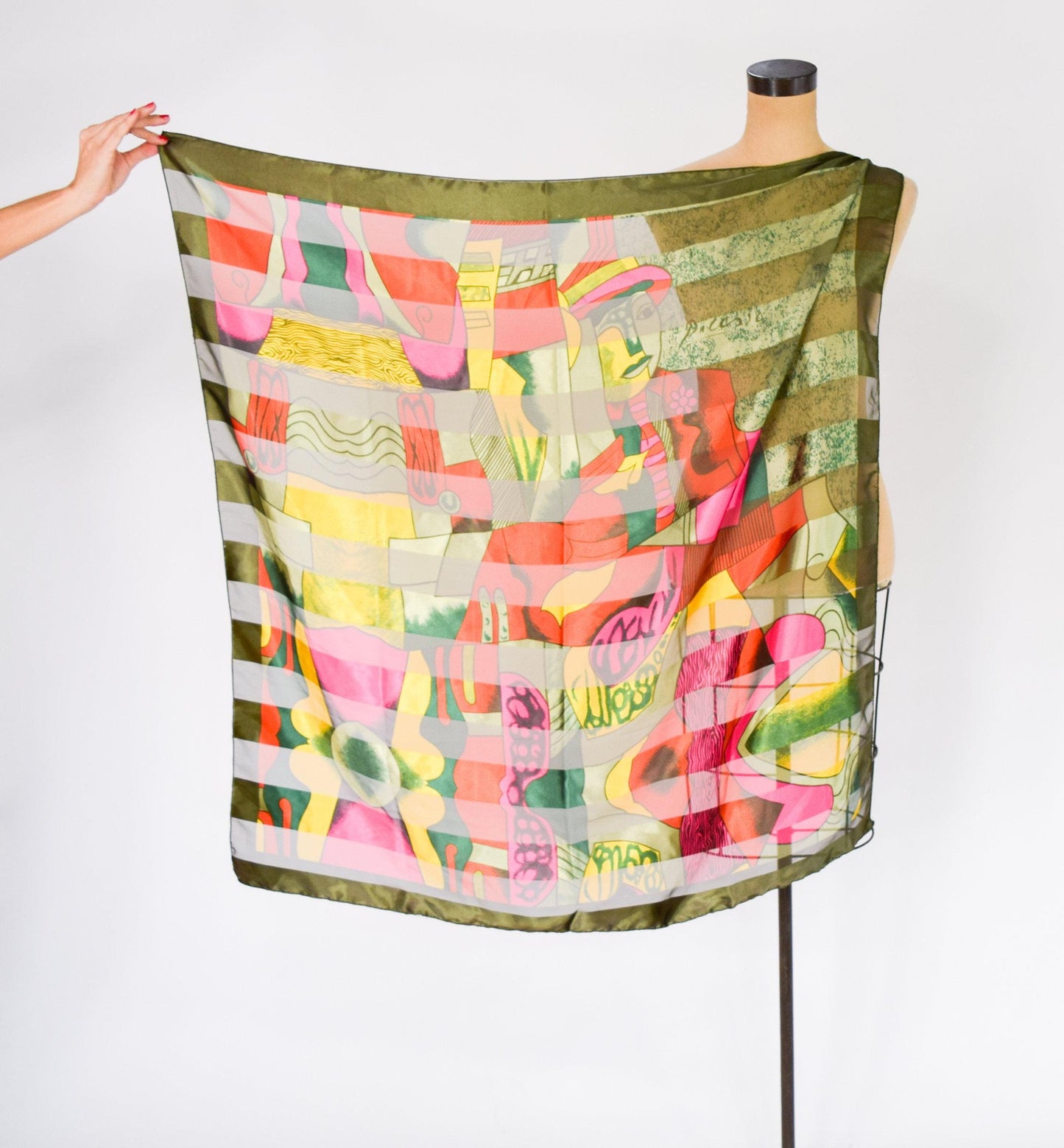 1980s Picasso Green Scarf | 80s Olive Green Print Scarf | Picasso