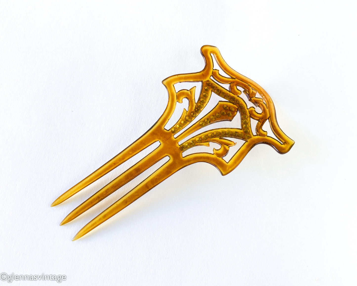 1900s Brown Celluloid Mantilla Hair Comb, Red Rhinestones