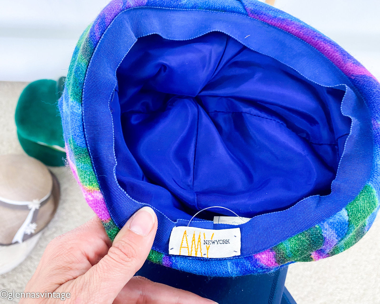1960s Royal Blue Print Wool Turban Hat