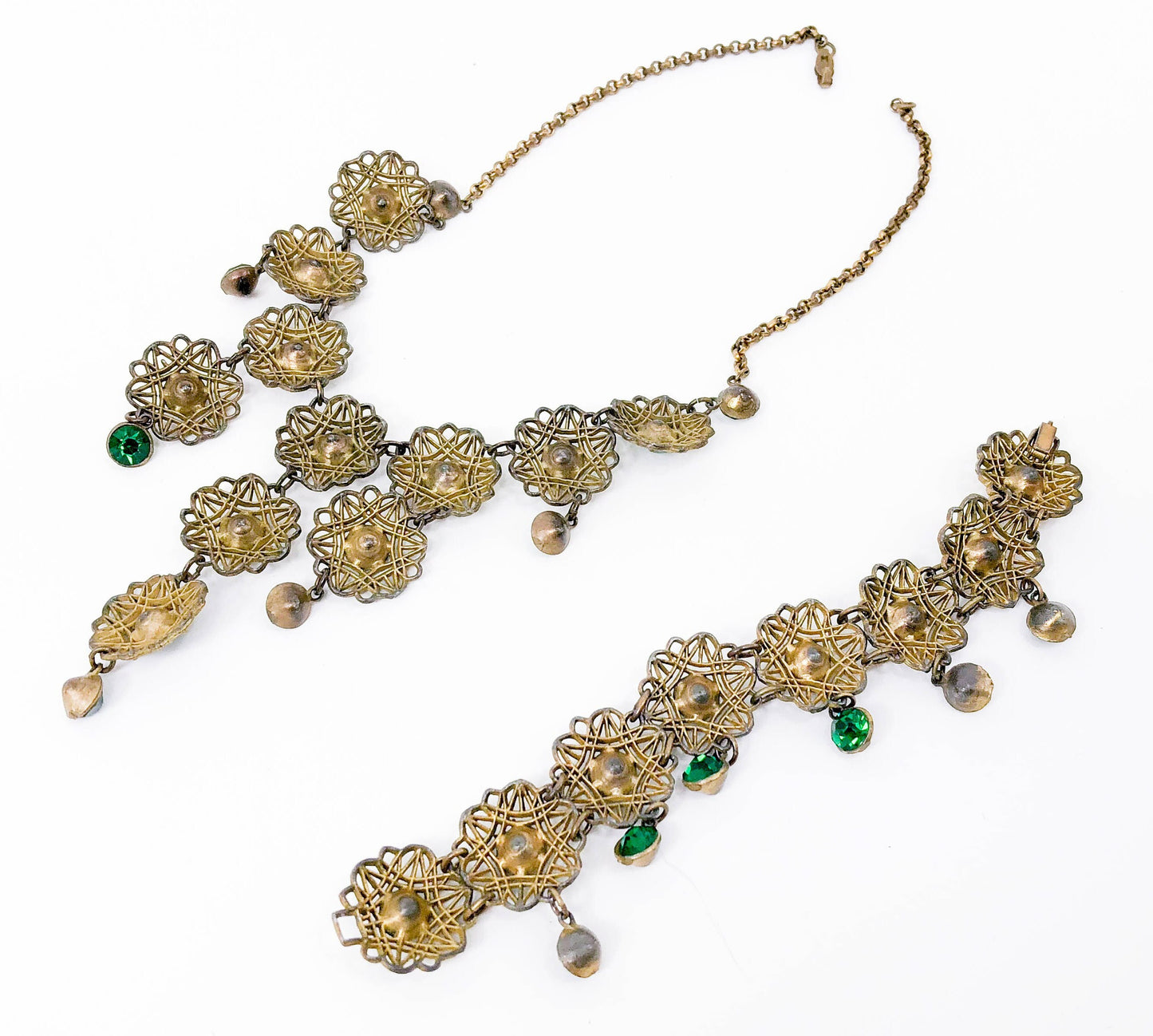 1940s Emerald Green Rhinestone Filigree Jewelry Set, Necklace & Bracelet Set