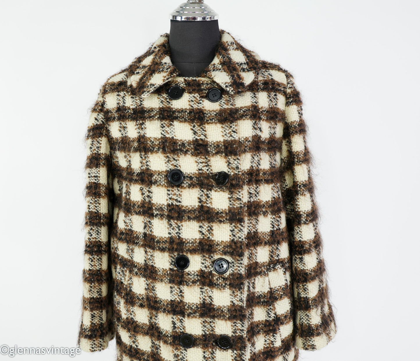 1960s Brown & Creme Plaid Wool Coat, Large
