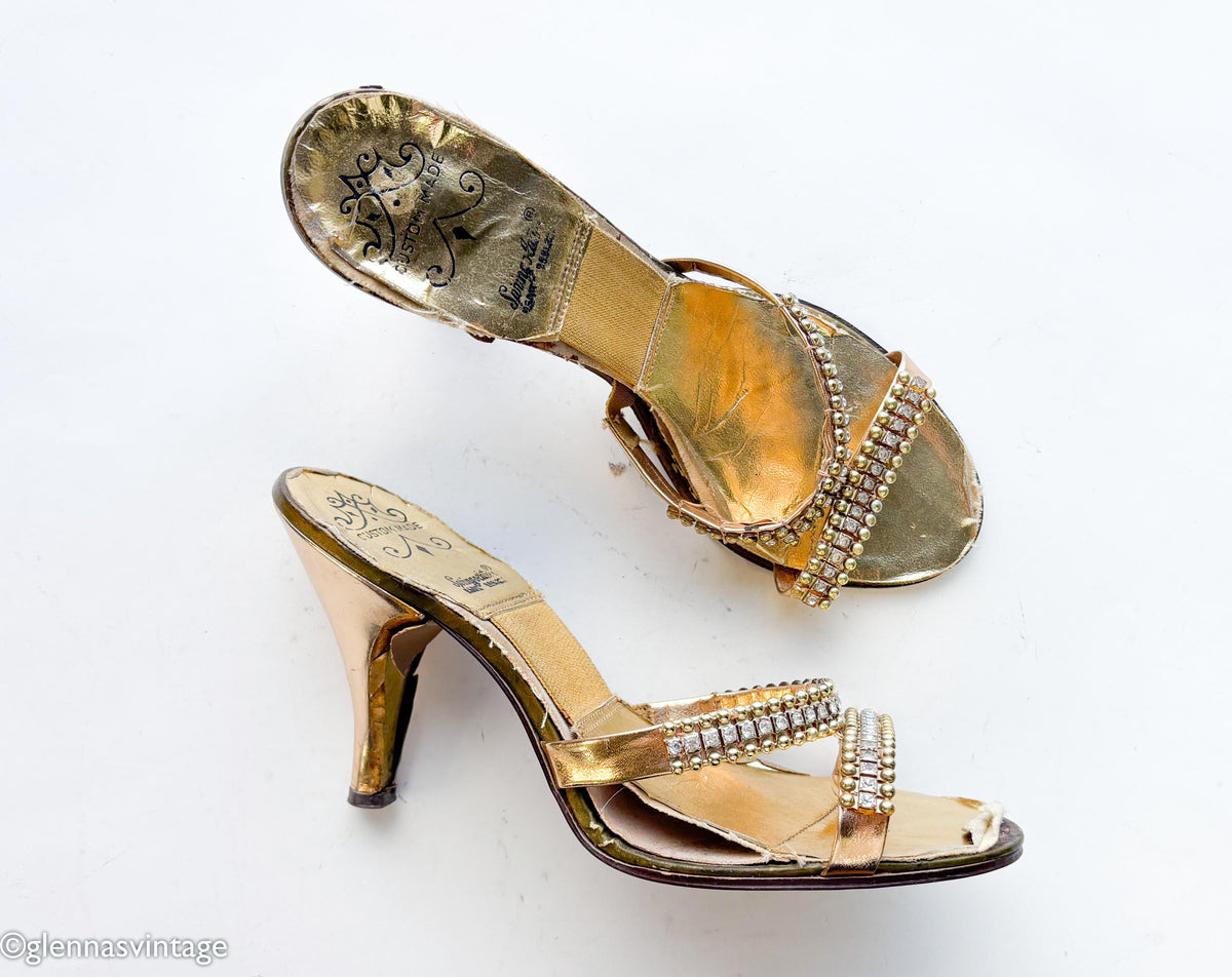 1950s Gold Springolators Heels Heeled Sandals, Size 7
