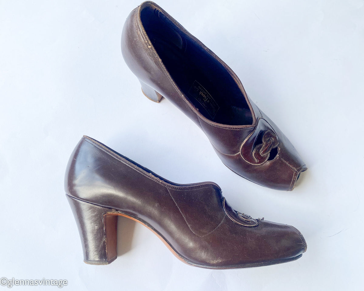 1940s Brown Leather Peep Toe Pumps Heels, 9 Narrow