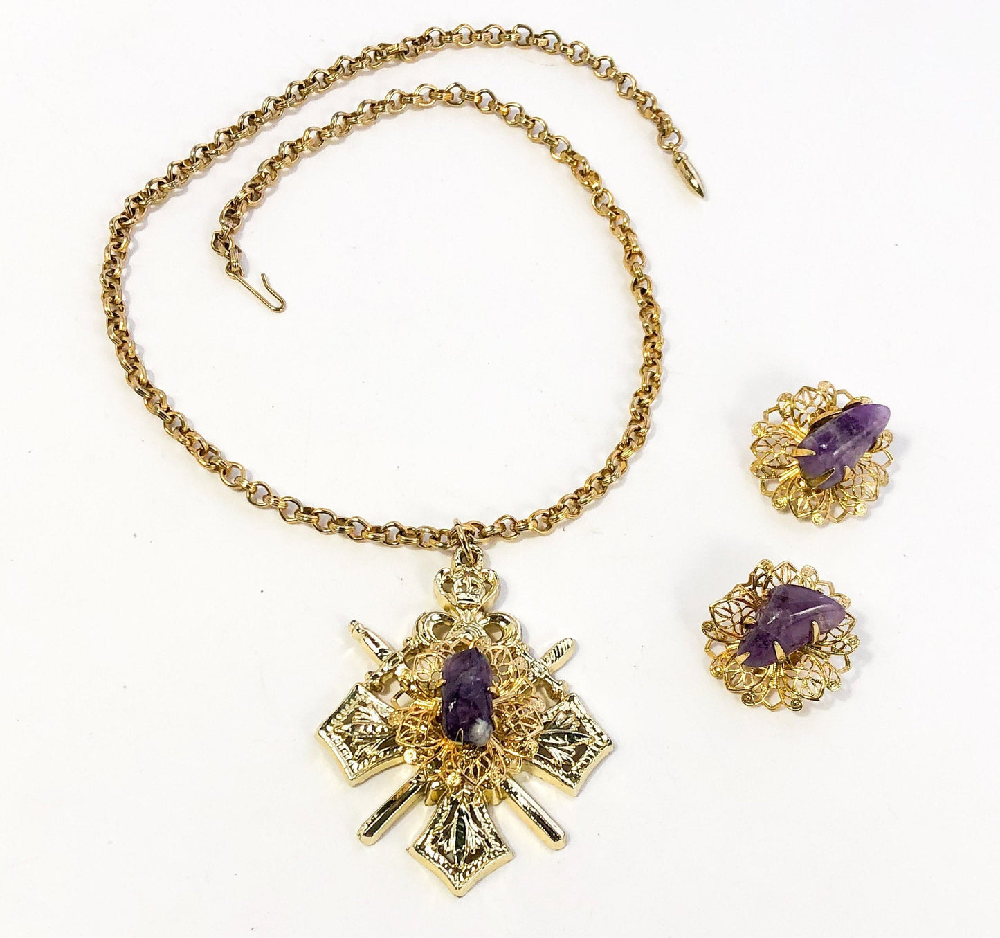 Coro | 1960s Gold & Purple Necklace Earrings Set | 60s Purple Agate Necklace Set | Coro