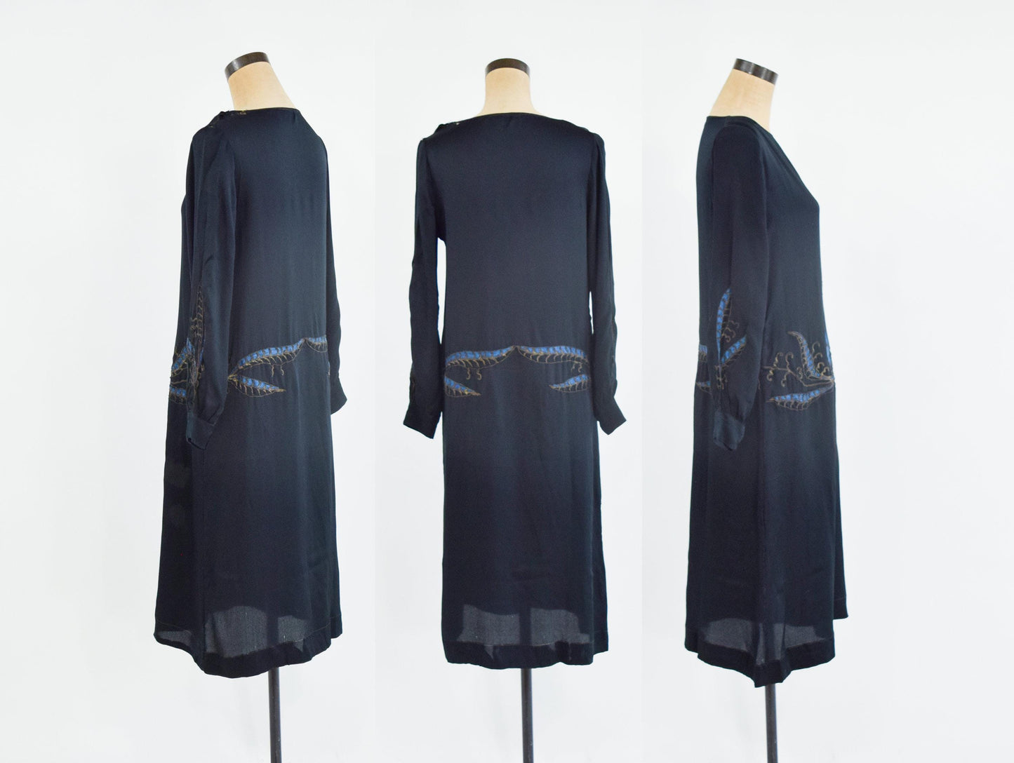 1920s Art Deco Black Silk Dress | Embroidered Drop Waist, Medium