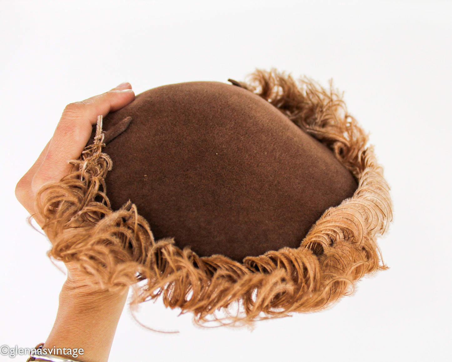 1950s Brown Wool Velour Saucer Hat | Vintage Feather Trim
