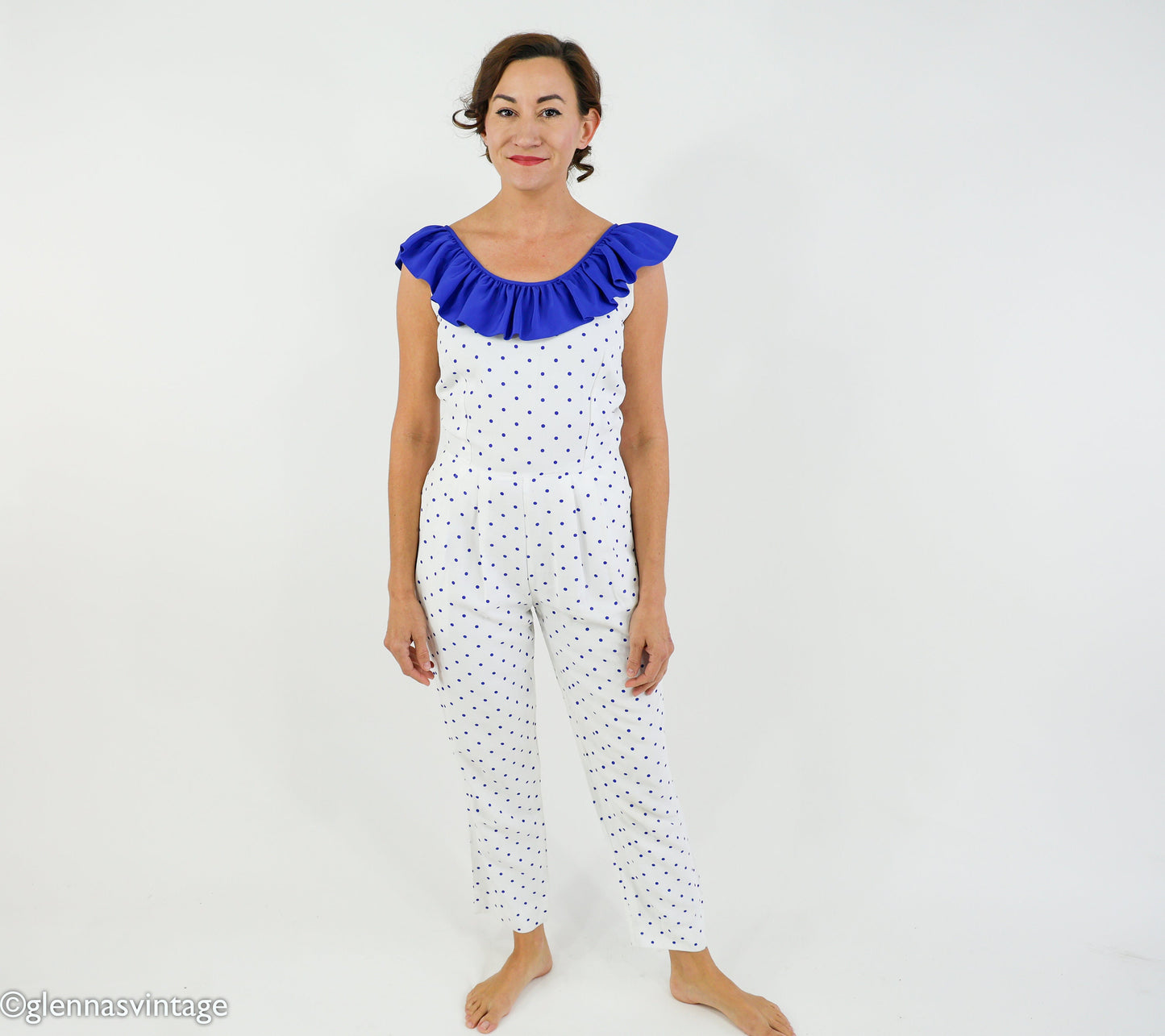 1980s Blue & White Polka Dot Jumpsuit, Small