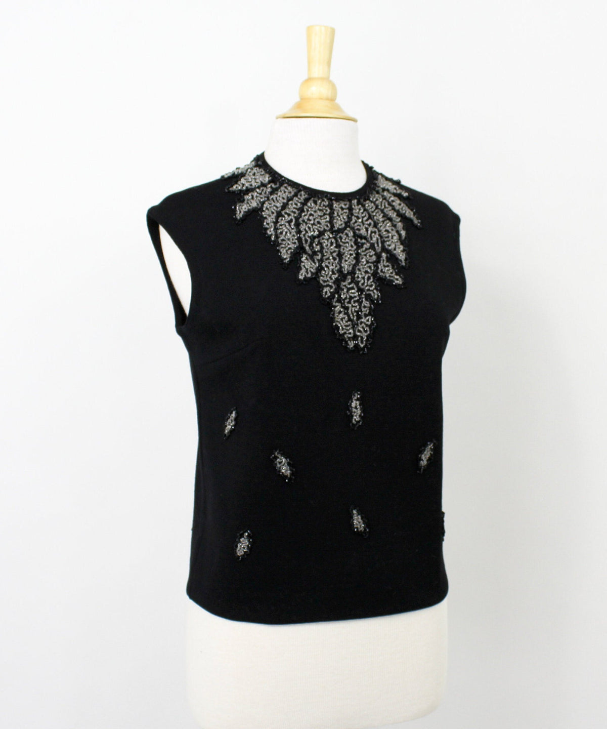 1960s Black Sleeveless Beaded Wool Sweater, Medium