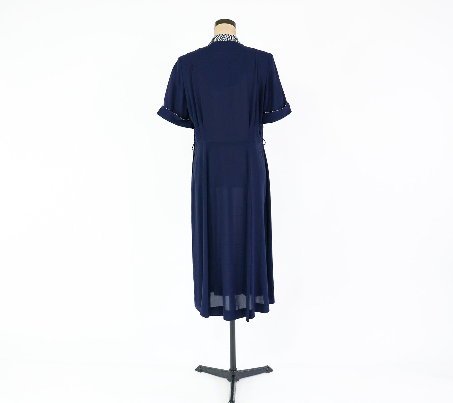 1940s Navy Rayon Crepe Dress with Polka Dot Collar, 36" Waist