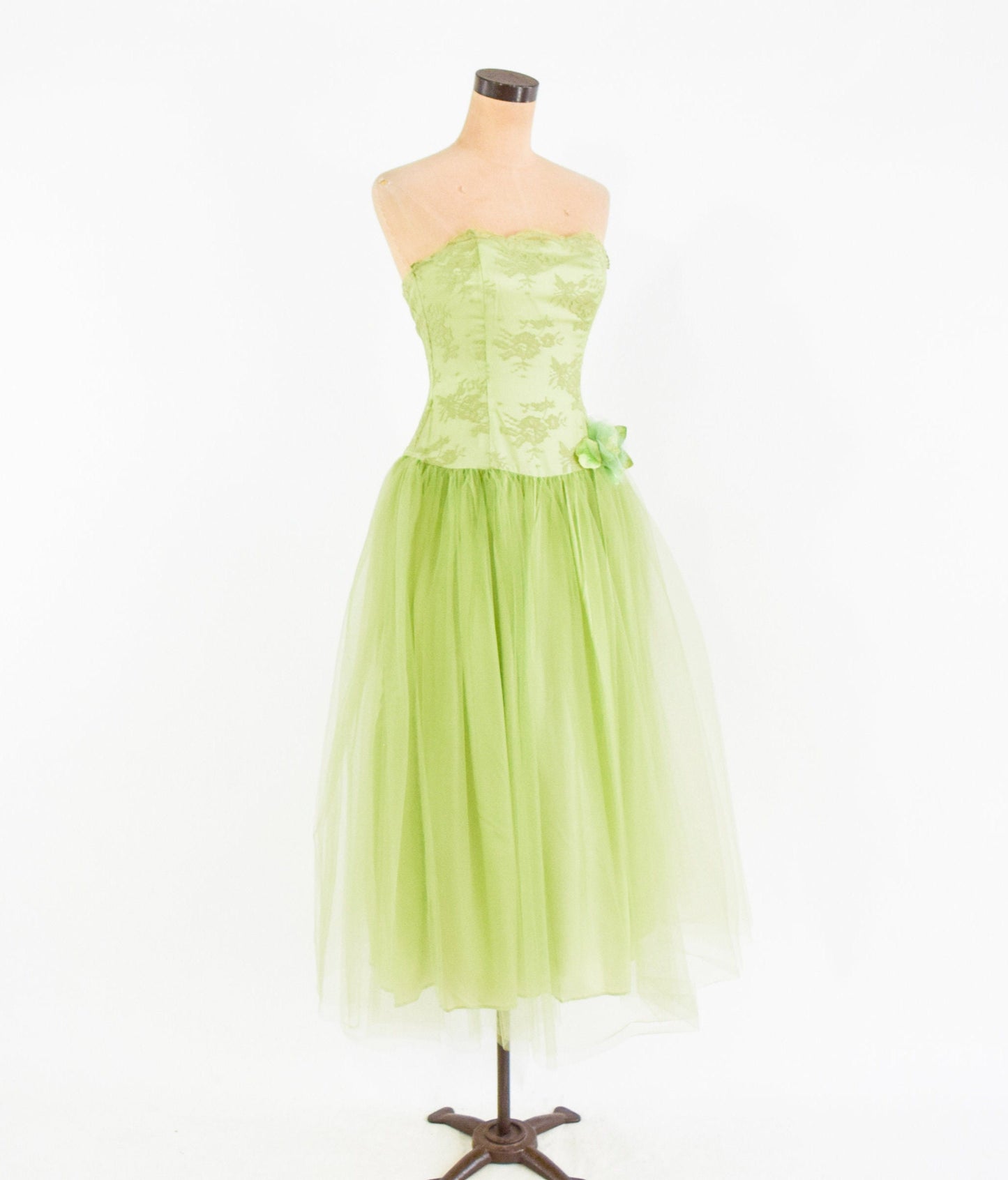 1990s Lime Green Party Dress | 90s Green Lace & Tulle Prom Dress | Green Strapless Evening Dress | Jessica McClintock | Small