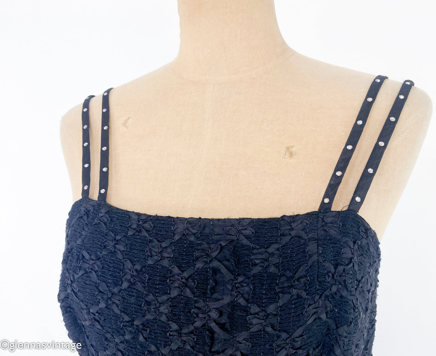 1950s Black Ribbon Lace Party Dress | 50s Black Spaghetti Strap Sheath | Black Wiggle Dress | Small