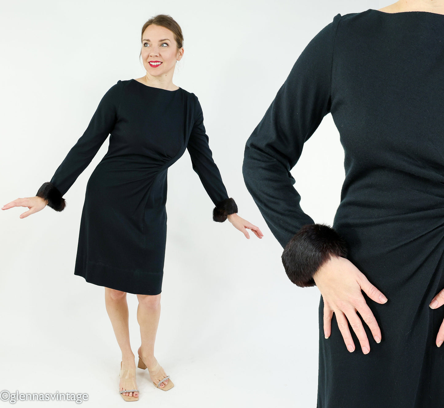 1960s Black Wool Fur Cuff Dress | 60s Black Wool Knit Cocktail Dress | Medium